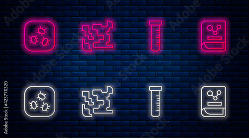 Set line Gaseous, Test tube and flask, Bacteria and Chemistry book. Glowing neon icon on brick wall. Vector