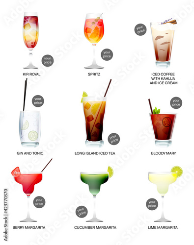 Cocktail menu with price list. A set of popular summer alcoholic cocktails. Vector illustration