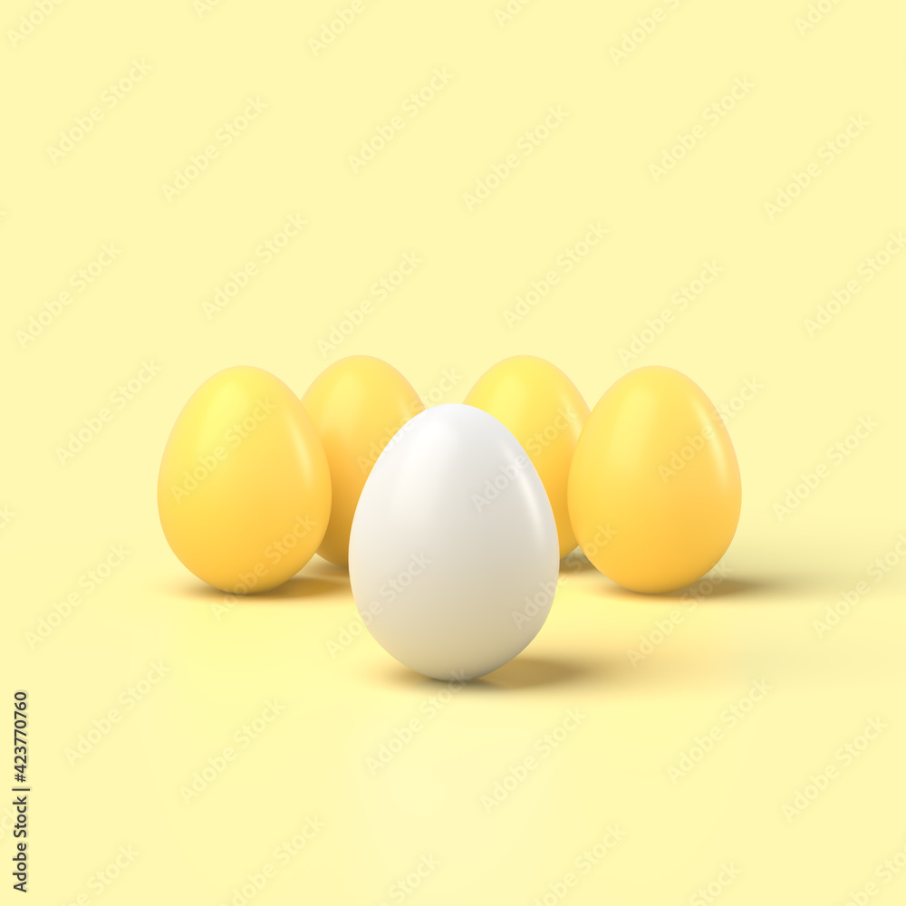 3d simple yellow easter eggs and one white egg on pastel background 3d illustration. Easter holiday. 3d simple yellow easter eggs and one white egg on pastel background 3d illustration. Easter holiday.