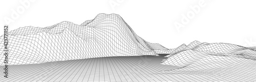 Wireframe landscape background. Digital landscape for presentations. Cyberspace grid. Vector illustration.