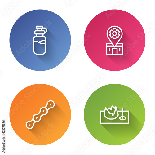 Set line Sport bottle with water, Bicycle repair service, chain and on street ramp. Color circle button. Vector