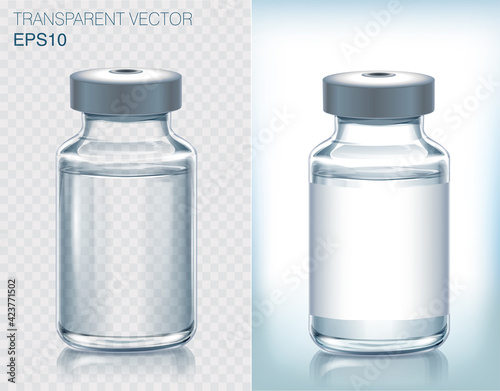 Collection of medical vaccine bottles.  Transparent vector ampoule on light background photo