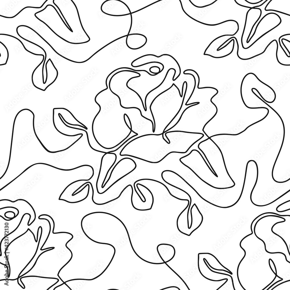 One line seamless modern pattern. Rose flower modern simplicity vector illustration. Contemporary art