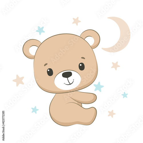 Cute baby bear with moon and stars. Vector illustration.