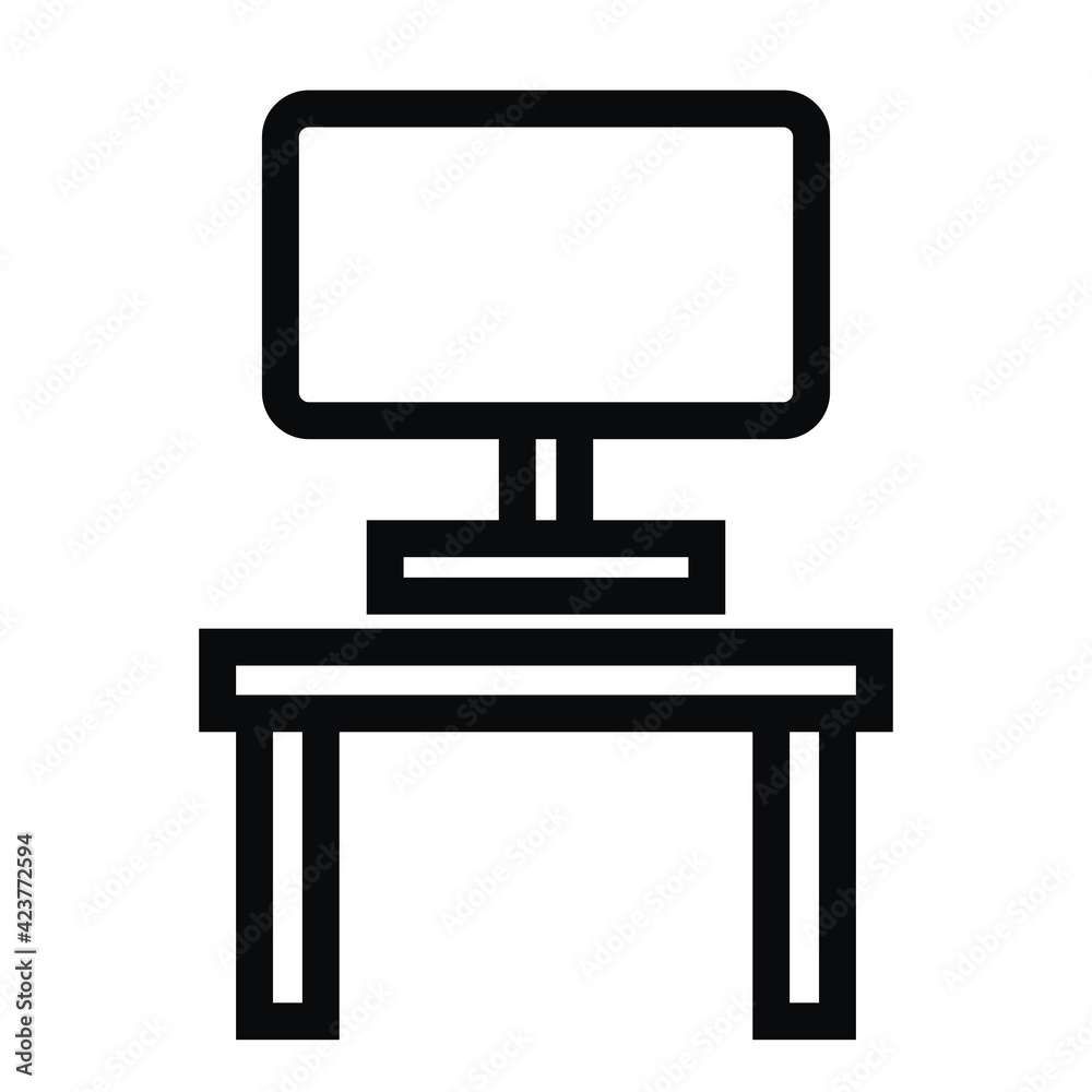 Computer on the desk, black and white vector icon, contour drawing Computer on the desk, black and white vector icon, contour drawing