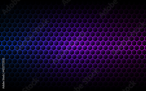 Hexagon purple background. Gradient cells texture. Futuristic color wallpaper. Modern neon design. Abstract geometric backdrop. Vector illustration photo