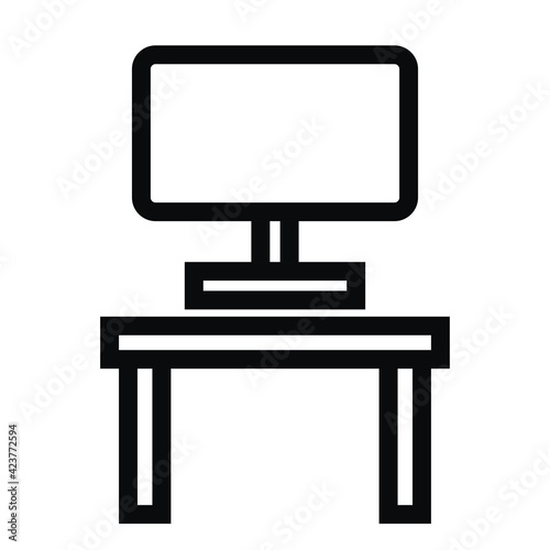 Computer on the desk, black and white vector icon, contour drawing