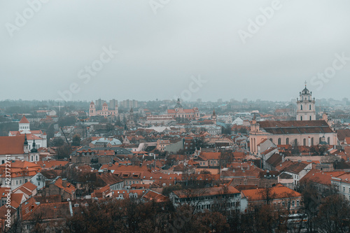 Panoramic view of the Vilnius old town during cloudy and gloomy winter day