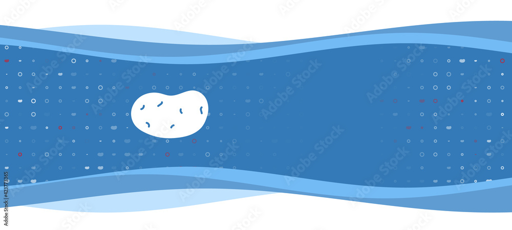 Naklejka premium Blue wavy banner with a white potatoes symbol on the left. On the background there are small white shapes, some are highlighted in red. There is an empty space for text on the right side