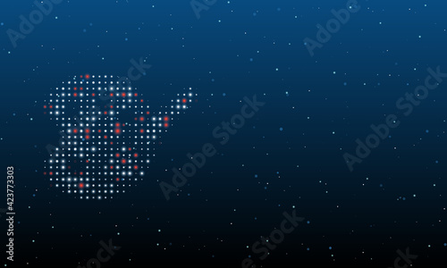 On the left is the palette symbol filled with white dots. Background pattern from dots and circles of different shades. Vector illustration on blue background with stars