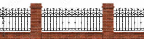 Classic iron fence with red brick pillars. Art Nouveau. Urban design. Isolated. White background. Traditional blacksmithing. Luxury landscape design. Iron railings. City. Street. Park. Seamless.
