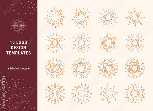 Boho style vector icons, sun logo design templates collection. Minimalist thin line illustrations. Linear vector design elements for social media, company logotype, fashion industry. Editable strokes.