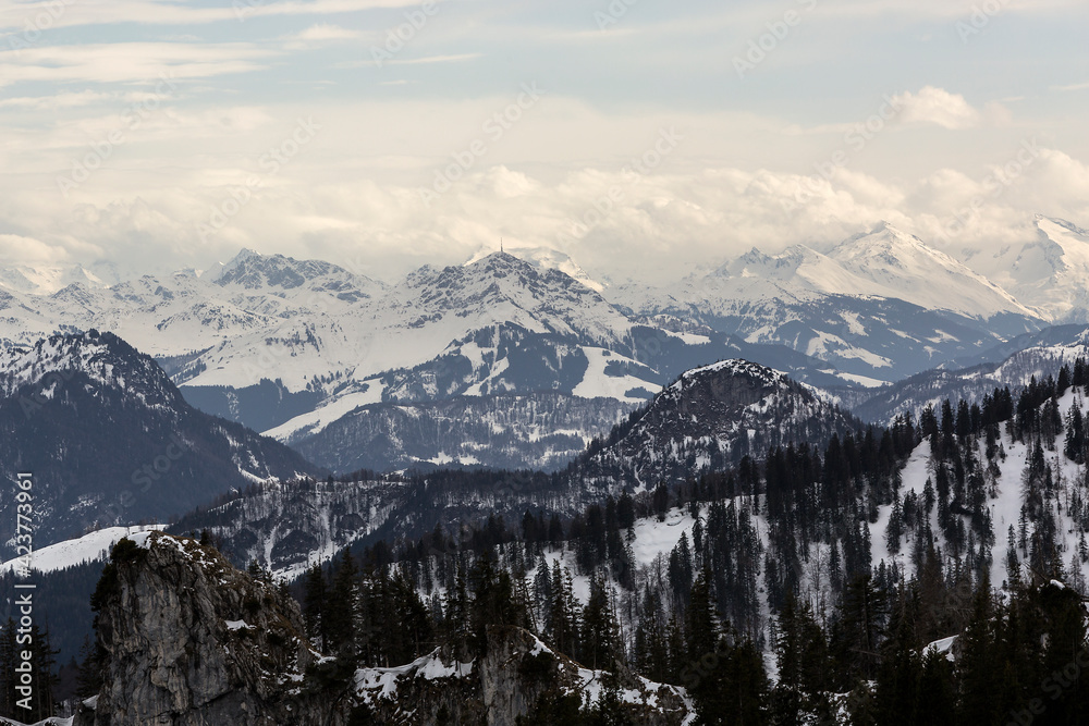 Panoramic mountain view from Kampenwand, Bavaria, Germany in wintertime