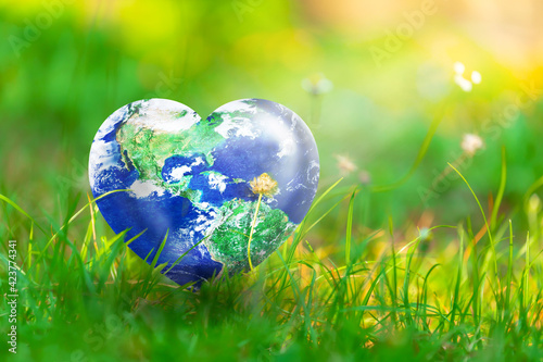 Fototapeta Naklejka Na Ścianę i Meble -  Earth in Heart shape on green grass and flowers on sunlight, Love and Save the World for the Next Generation concept, Earth day concept, Elements of this image furnished by NASA