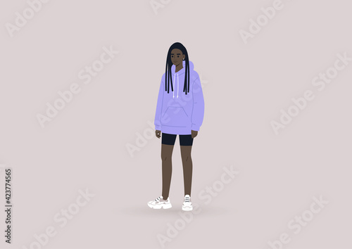 A young female Black character wearing a hoodie and black cycling shorts, a street wear concept