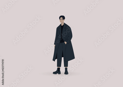 Street style, a young elegant male Asian character wearing an oversize black coat and massive boots, millennial fashion