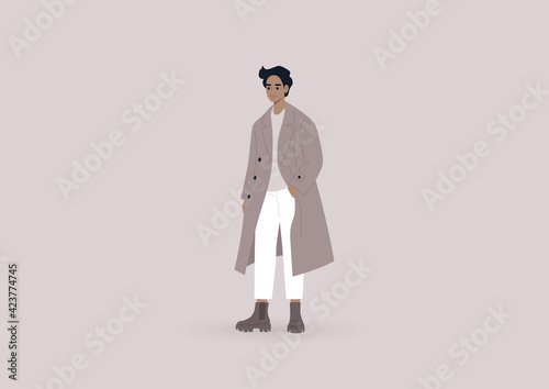 Street style, a young elegant male character wearing an oversize coat and massive boots, millennial fashion