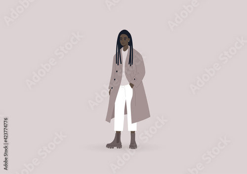 Street style, a young elegant female Black character wearing an oversize coat and massive boots, millennial fashion