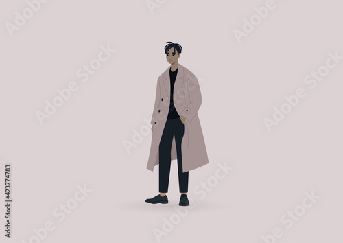 Street style, a young elegant male Black character wearing an oversize coat, millennial fashion