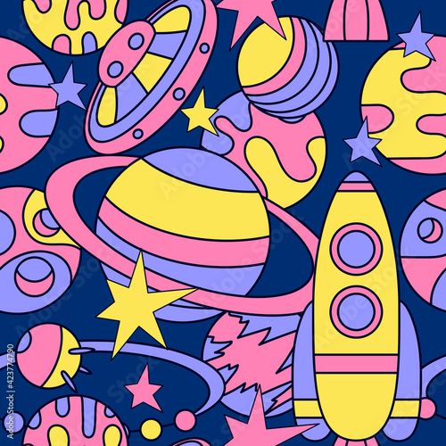 Vector space seamless pattern with star  spaceships and planet
