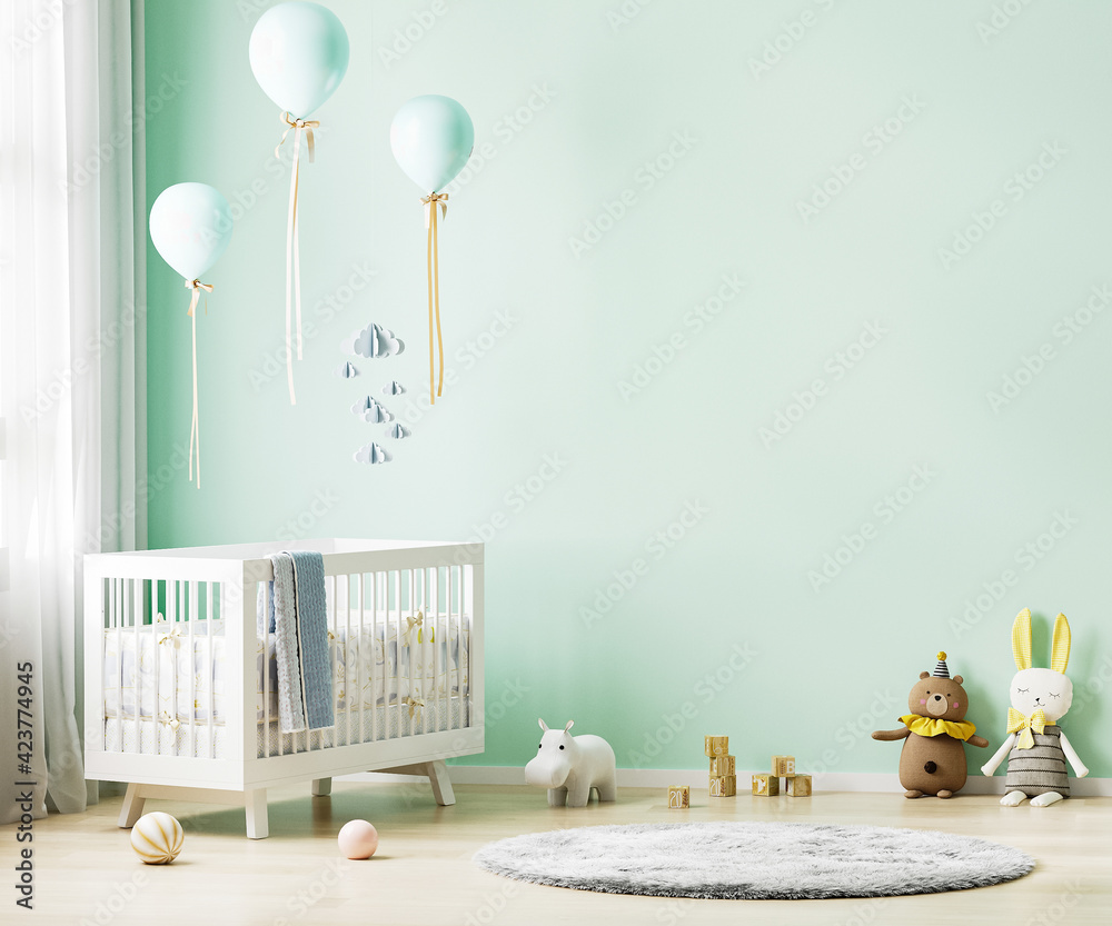Green nursery room interior background with baby bedding, toys, balloons, nursery mock up, kids