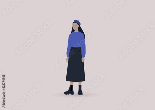 A young female Asian character wearing a french beret, a midi skirt, and massive leather boots, a millennial fashion concept