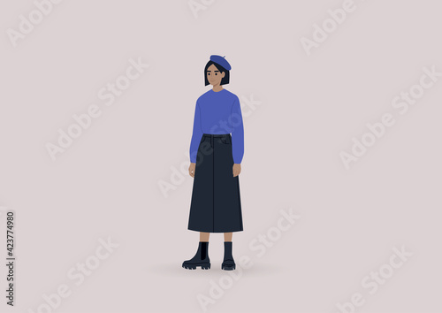 A young female character wearing a french beret, a midi skirt, and massive leather boots, a millennial fashion concept
