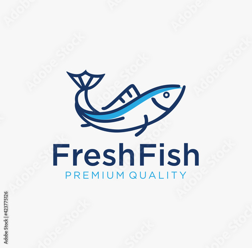 Simple outline fish line art monoline logo Vector badge design. tuna Fresh fish logo emblem label seafood vector icon. Creative symbol of fishing club or online shop.