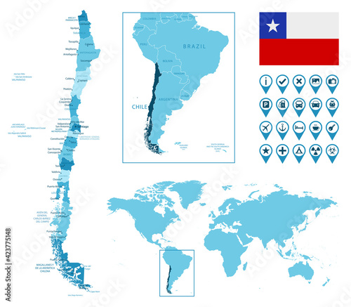 Chile detailed administrative blue map with country flag and location on the world map. Vector illustration