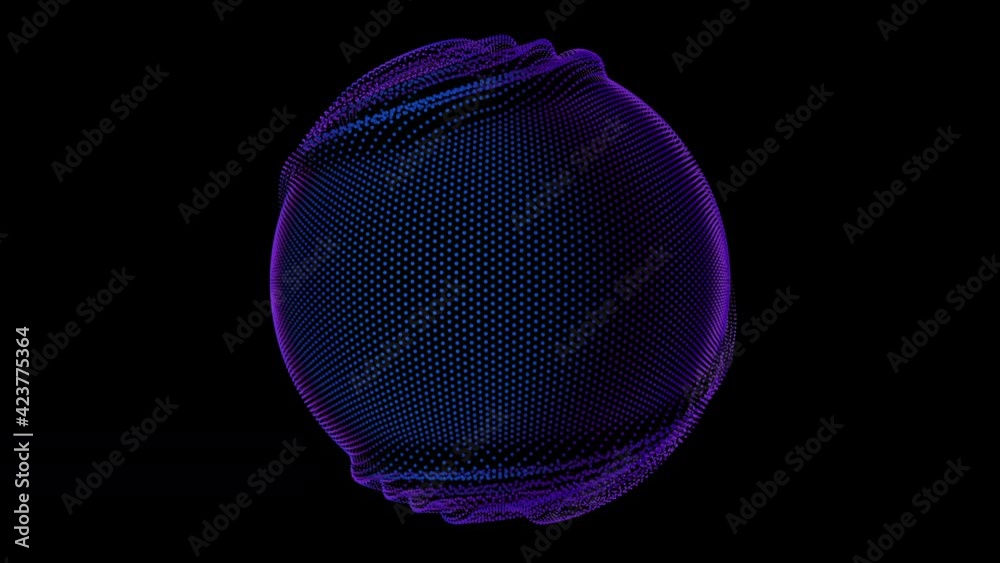 Distortion waves on abstract sphere of particles loop. Digital data splash of spherical point array. Round waveform UI element. Futuristic glitch