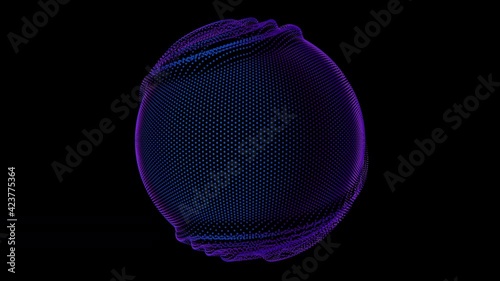 Distortion waves on abstract sphere of particles loop. Digital data splash of spherical point array. Round waveform UI element. Futuristic glitch