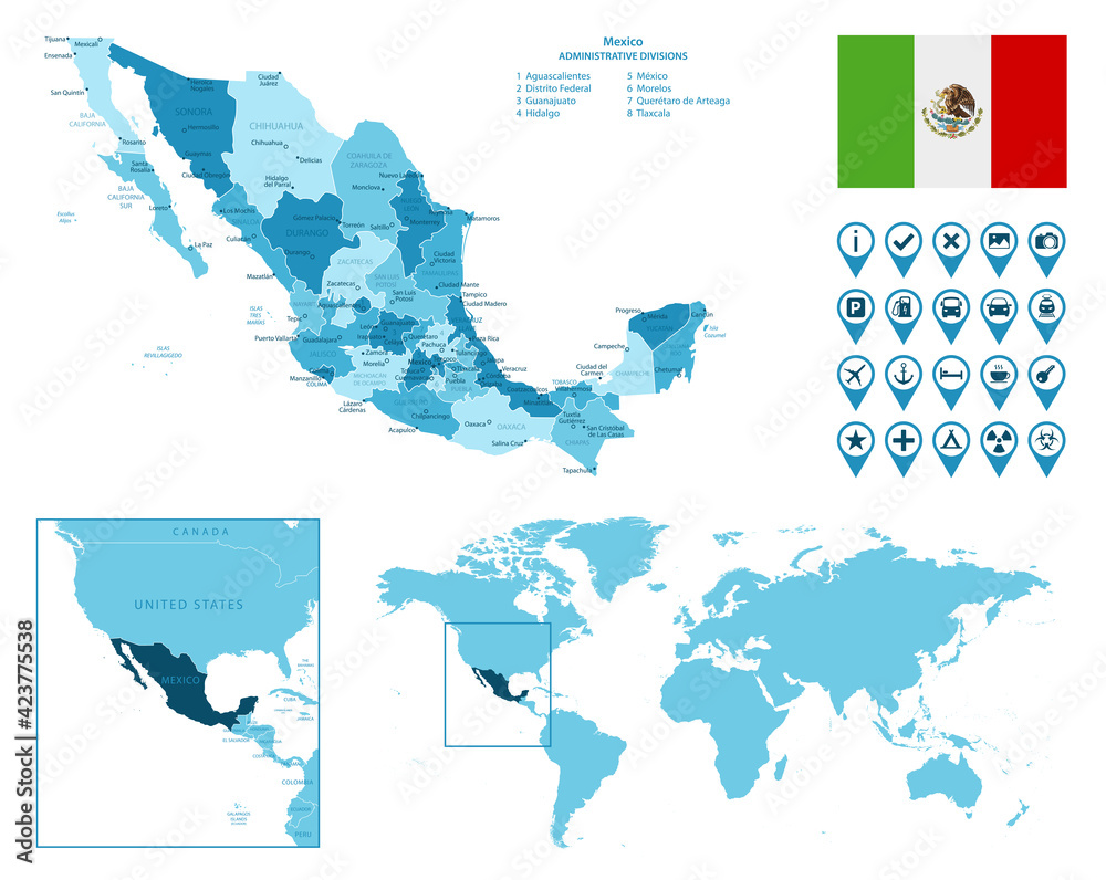 Mexico detailed administrative blue map with country flag and location on the world map. Vector illustration
