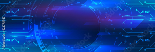 Wide Cyber security internet and networking concept. Abstract global sci fi concept. Digital internet communication on blue background. Hi-tech vector illustration with various technology elements.