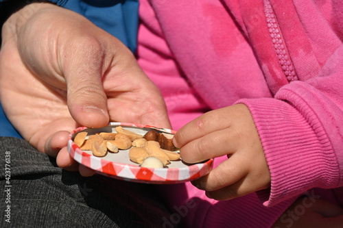 A father`s hand giving healthy nut snacks to his child during a hike at the park