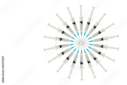 Set of many syringes with needles for injection arranged in circle, on perfect white background
