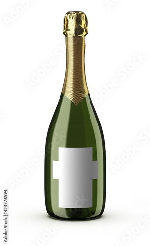 3D Wine bottle. Isolated on white background. The bottle is used for champagne, chardonnay, prosecco and white wine, place your design and use for presentations. Blank template.