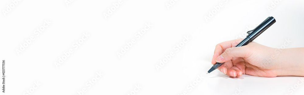 web banner work and learn online with black pen in woman hand write to white isolated background web banner work and learn online with black pen in woman hand write to white isolated background