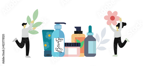 Man and woman collect ingredients for cosmetics. Tools for beauty and cleanser skin and body care.