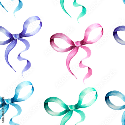 Ribbon bows watercolor seamless pattern. Template for decorating designs and illustrations.