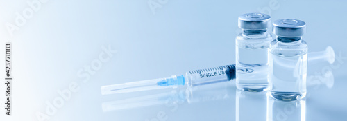 Fényképezés Medical syringe with a needle and a bollte with vaccine.