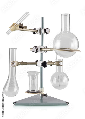 Chemical tripod with different flasks for research isolated on white