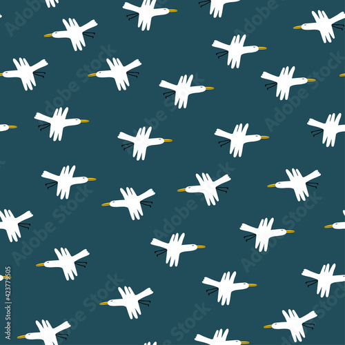Cute minimalistic pattern with spring migratory birds - geese in  scandinavian style on the blue background. Childish  vector cartoon  design for textiles, wallpapers, designer paper, etc
