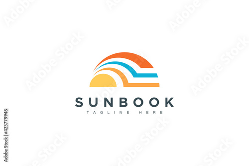 Abstract Sun and Book Logo. Colorful Geometric Shapes Sun Symbol with Open Book Combination isolated on White Background. Flat Vector Logo Design Template Element.