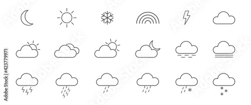 Weather line icons set. Outline meteorology shapes. Collection of thin modern symbols of weather. Sun, rain, moon, cloud, cold, snow, wind, fog templates. Vector illustration