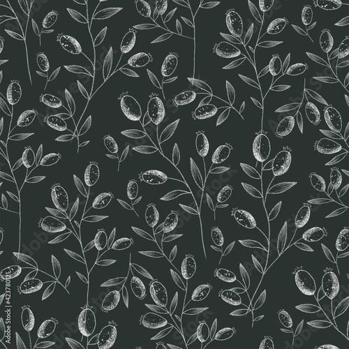 Red Rosehips with flowers and berries seamless pattern for tea. Black and white Graphic drawing  engraving style. hand drawn illustration on black background