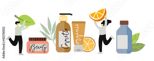 Man and woman collect ingredients for cosmetics. Tools for beauty and cleanser skin and body care.