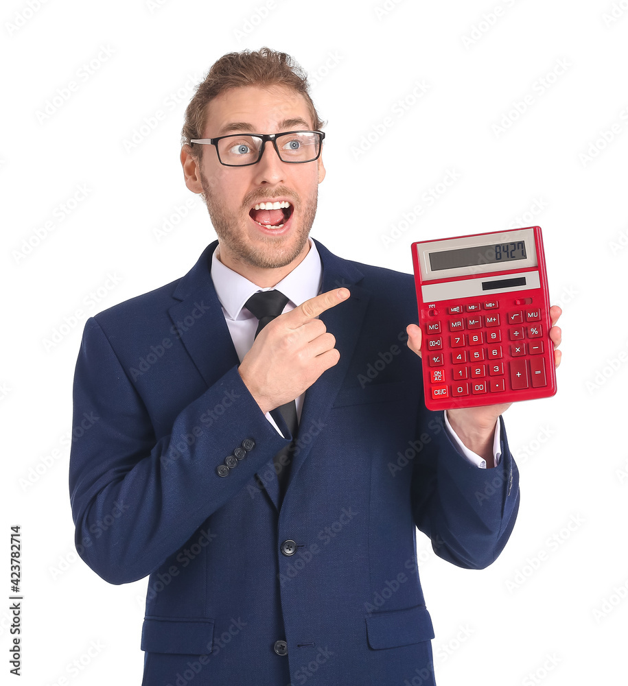 Emotional businessman with calculator on white background Emotional businessman with calculator on white background