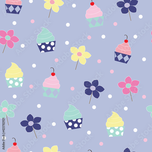 Cupcakes and flower pops with dots vector illustration on blue seamless repeat background pattern.