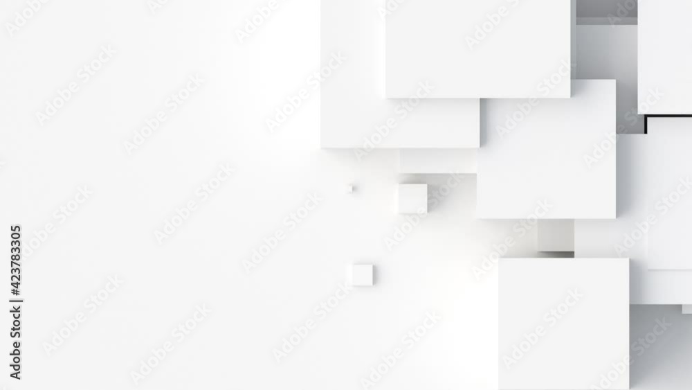 White cubes with random size move and grow loop. A place for text on the left. Abstract 3d render geometrical concept background.