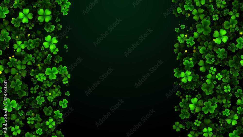 Green Shiny Dark Three And Four Leaf Clovers Flying And Glitter Dust Texture On Left And Right Border Space For Text Background Green Shiny Dark Three And Four Leaf Clovers Flying And Glitter Dust Texture On Left And Right Border Space For Text Background